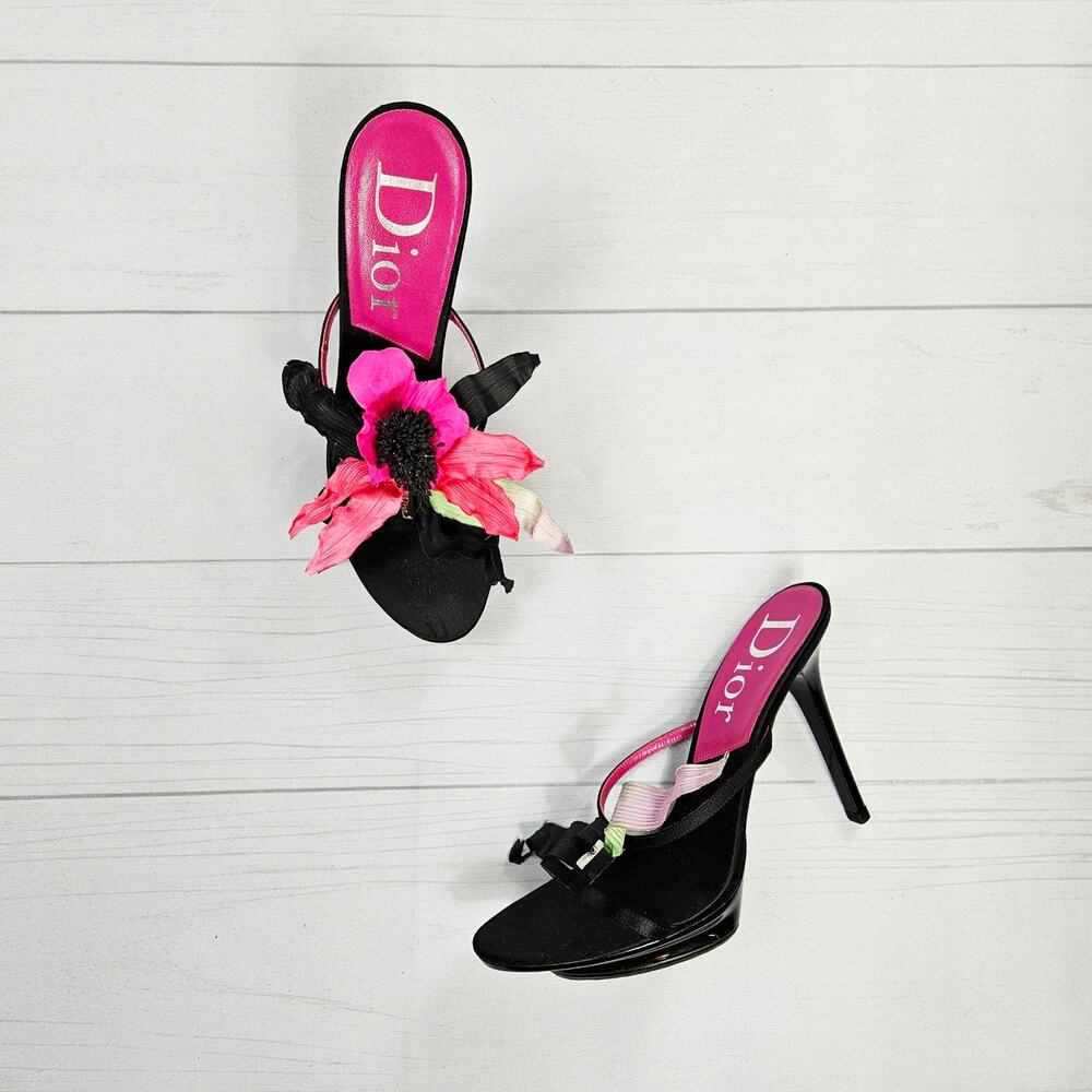 Y2k Dior Heels Hawaii Glamour Mules Black Satin Flower Detail Rare - Size 37 EU - Picture 1 of 16